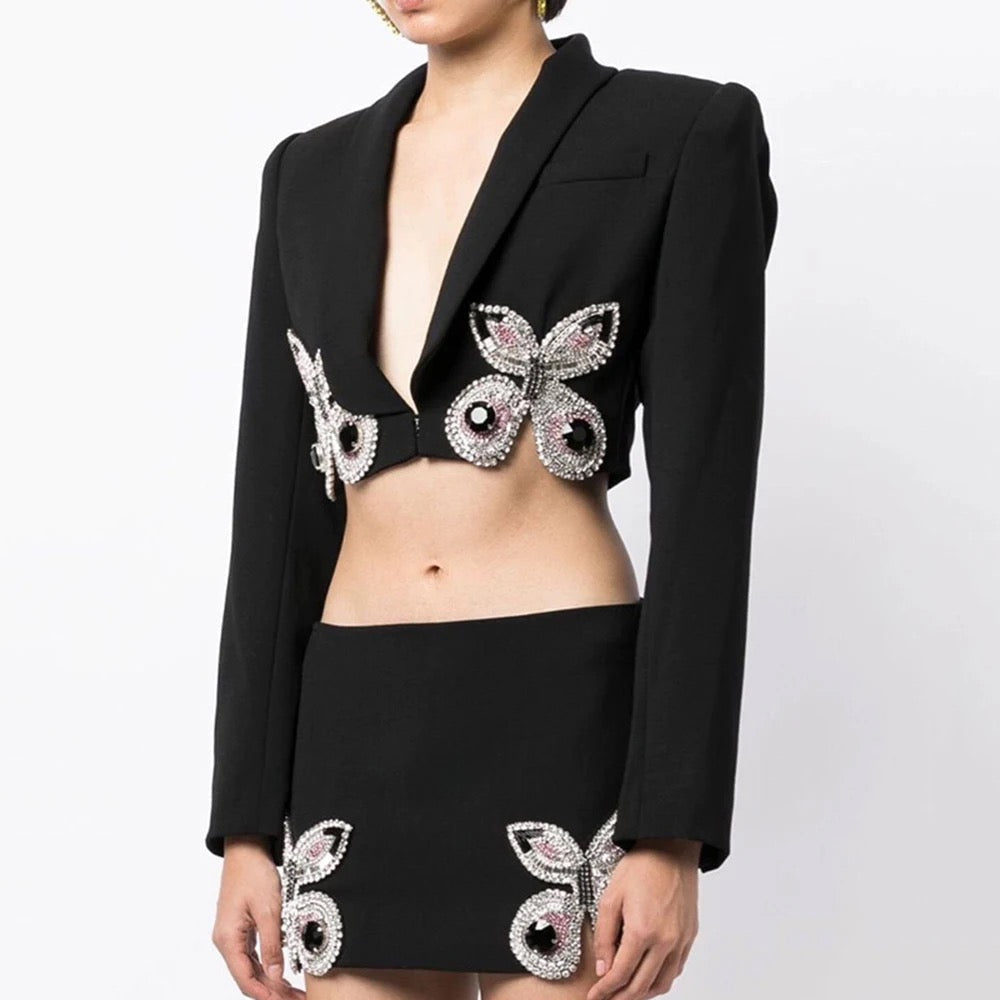 Long Sleeve Butterfly Diamond Short Skirt Set REBECATHELABEL