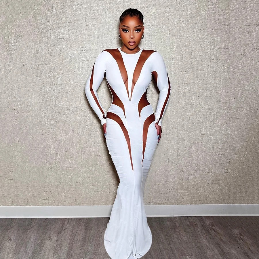 Long Sleeve Mesh Bodycon Maxi Dress In White REBECATHELABEL