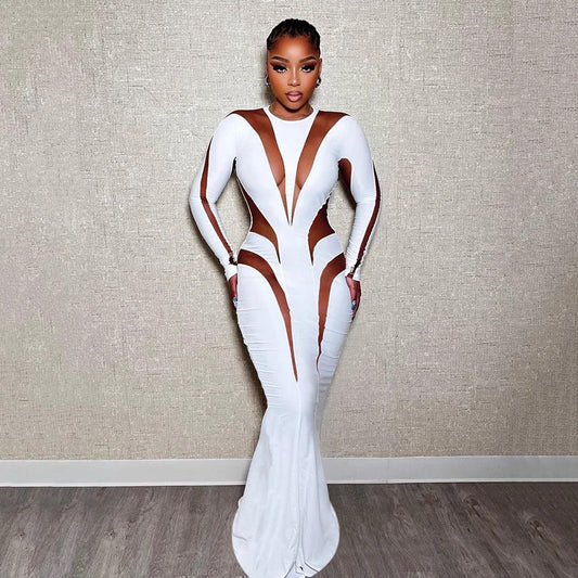 Long Sleeve Mesh Bodycon Maxi Dress In White REBECATHELABEL