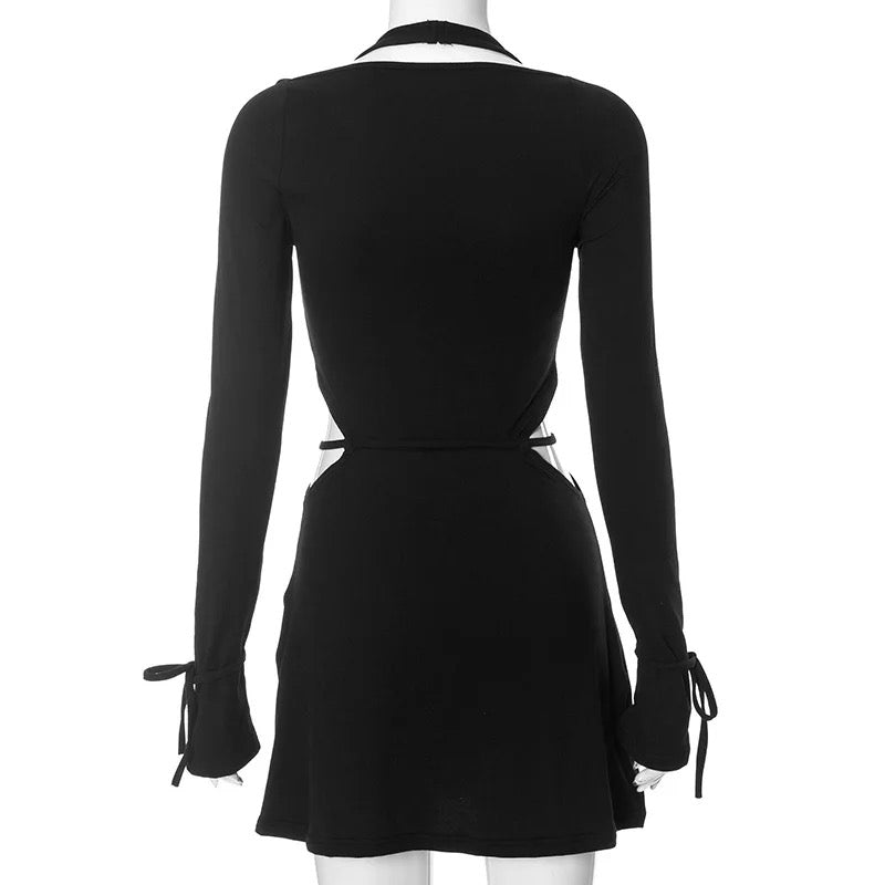 Long Sleeve Square Neck Bell Sleeve Lace Up Sexy Dress REBECATHELABEL