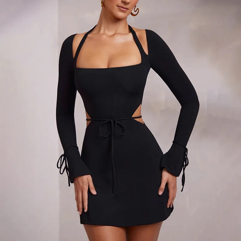 Long Sleeve Square Neck Bell Sleeve Lace Up Sexy Dress REBECATHELABEL