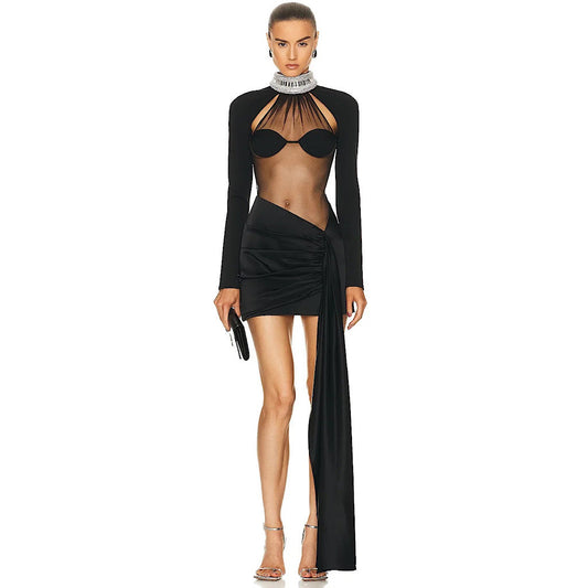 Long Sleeve Transparent Diamond Crystal Mini Bandage Dress REBECATHELABEL