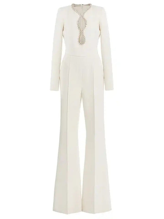 Long Sleeve V-Neck Diamond Tight Long Sleeve Jumpsuit REBECATHELABEL