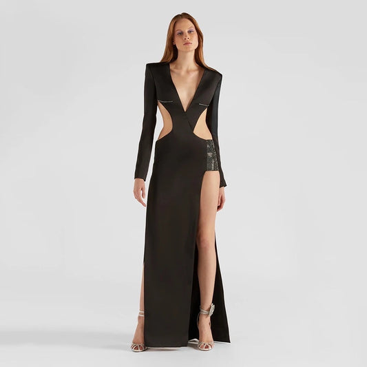 Long Sleeve V-Neck Hollow Diamond Long Split Bandage Dress REBECATHELABEL