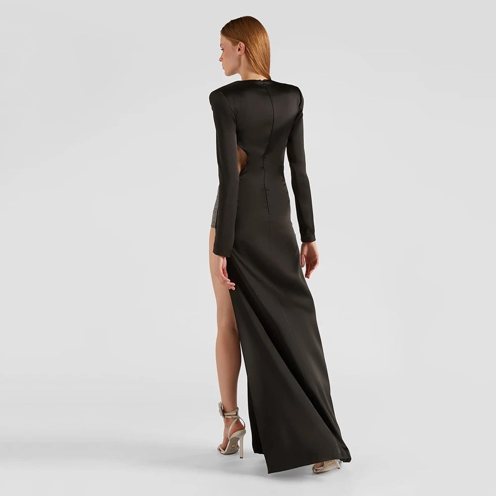 Long Sleeve V-Neck Hollow Diamond Long Split Bandage Dress REBECATHELABEL