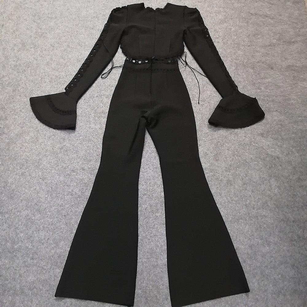 Long-Sleeved Top Bell Bottom Pants Two-Piece Set REBECATHELABEL