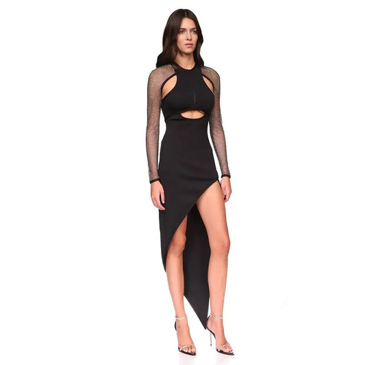 Long sleeved Asymmetric Fishing Net Diamond Hollow Bandage dress REBECATHELABEL