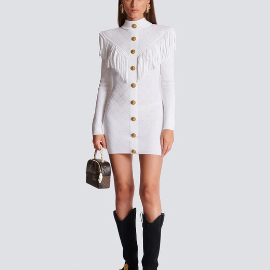 Long sleeved Gold Button Tassel Edge Knitted Mini Dress REBECATHELABEL