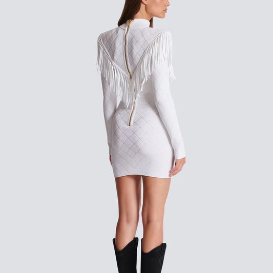 Long sleeved Gold Button Tassel Edge Knitted Mini Dress REBECATHELABEL