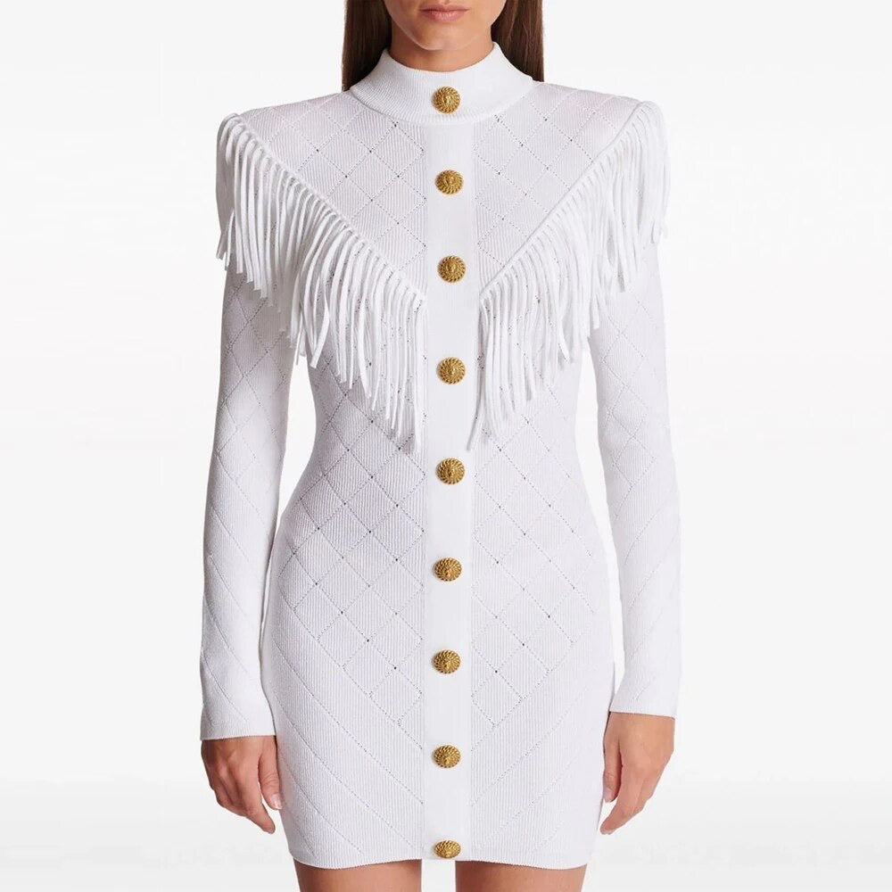 Long sleeved Gold Button Tassel Edge Knitted Mini Dress REBECATHELABEL