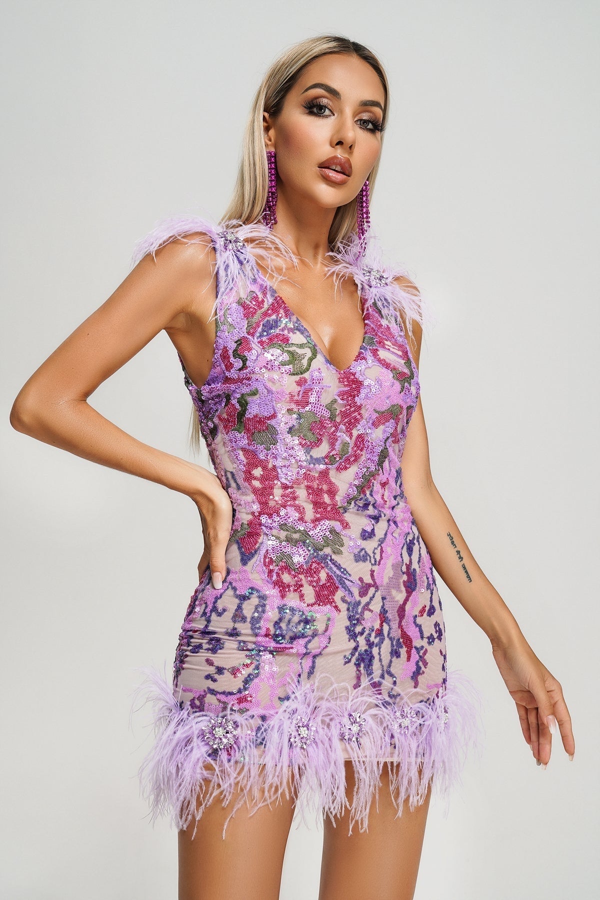 Loviy Sequin Feather Mini Dress REBECATHELABEL