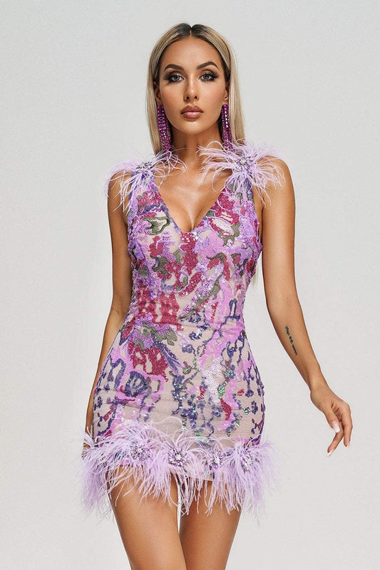 Loviy Sequin Feather Mini Dress REBECATHELABEL