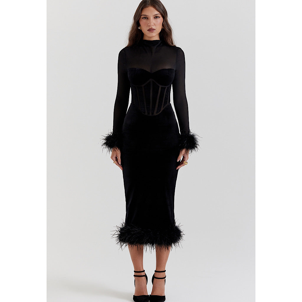 Lulu feather midi dress REBECATHELABEL