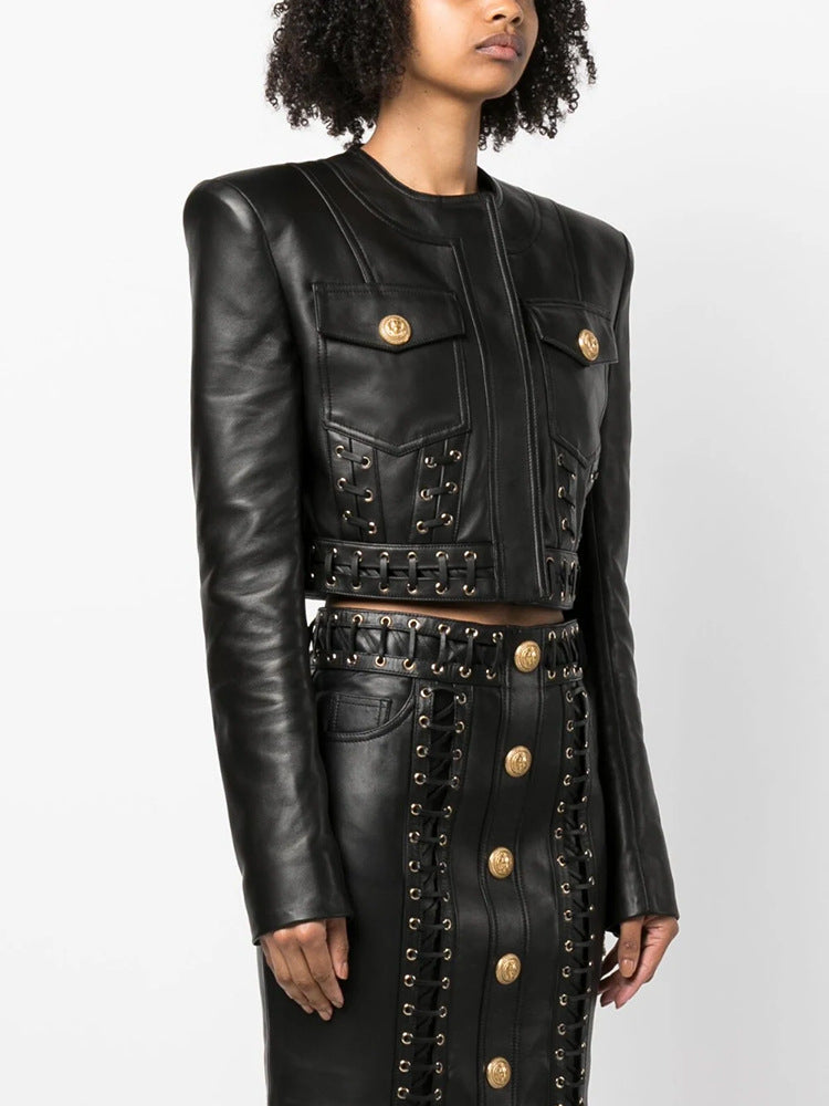 Malian Leather Cropped Jacket skirt set REBECATHELABEL