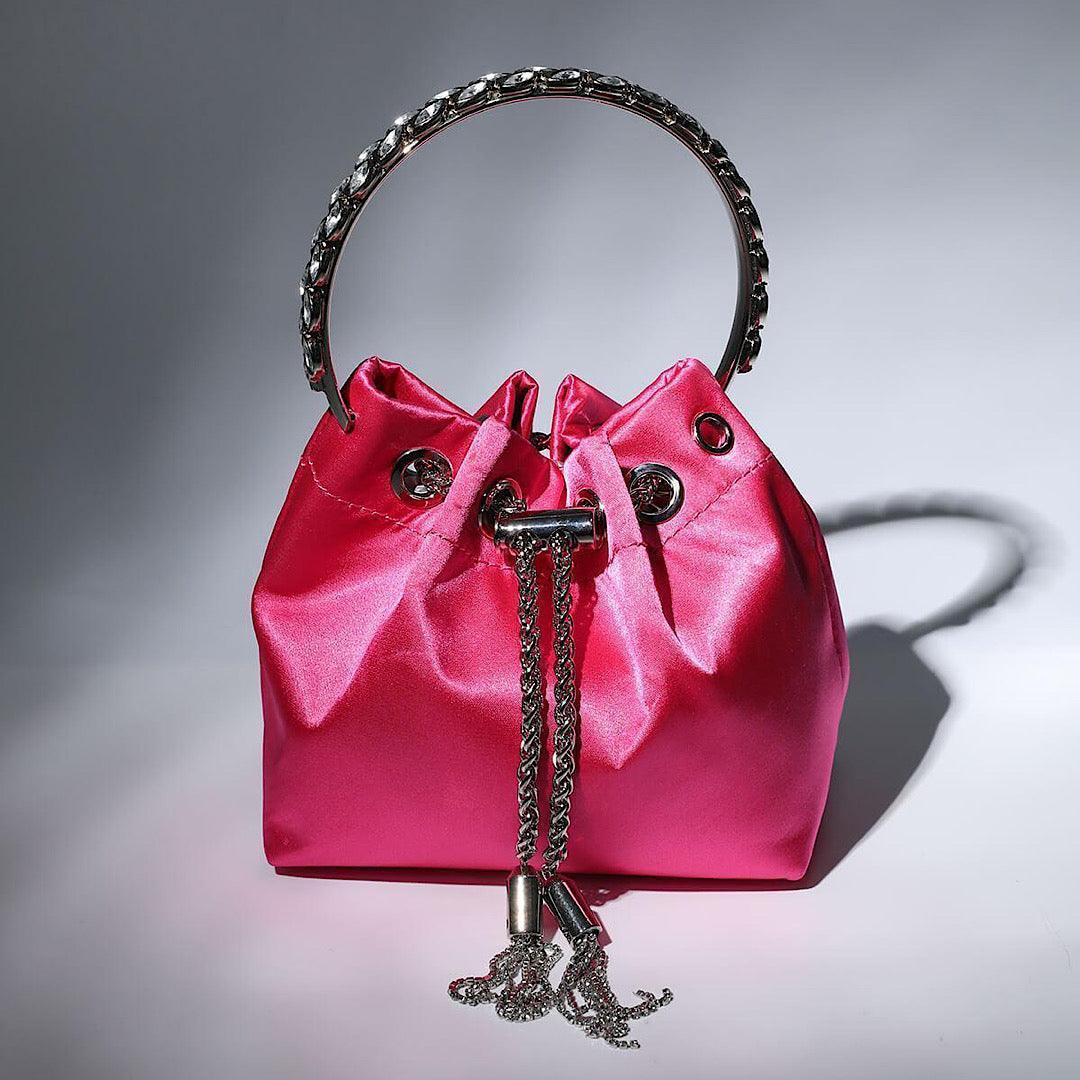 Mattea Satin Crystal Embellished Bucket Bag In Hot Pink REBECATHELABEL