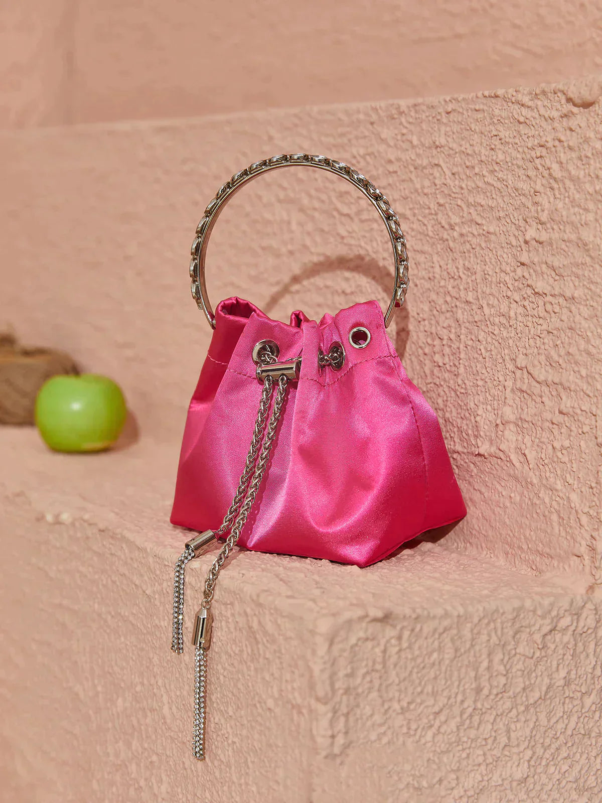 Mattea Satin Crystal Embellished Bucket Bag In Hot Pink REBECATHELABEL