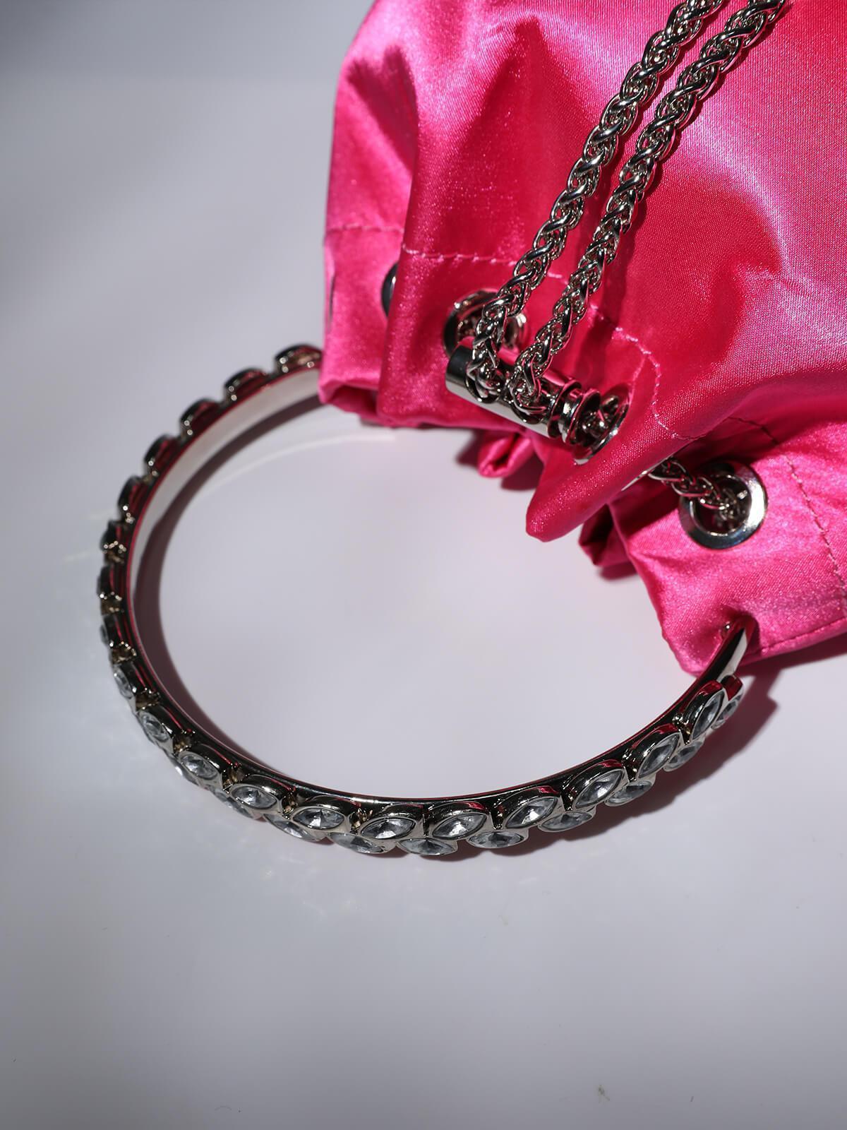 Mattea Satin Crystal Embellished Bucket Bag In Hot Pink REBECATHELABEL