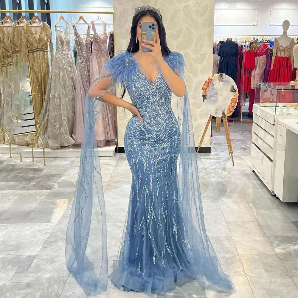 Mermaid Elegant Cape Sleeves Feather V Neck Beaded Evening Dress REBECATHELABEL
