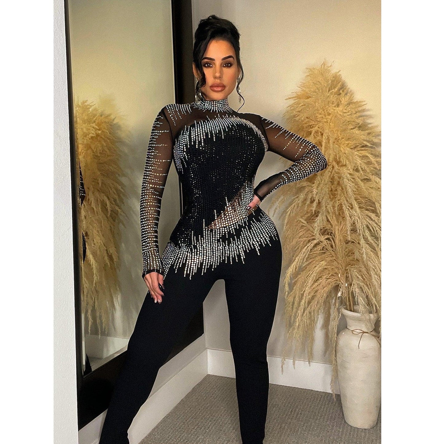 Mesh Rhinestone Long Sleeved Trousers Jumpsuit REBECATHELABEL