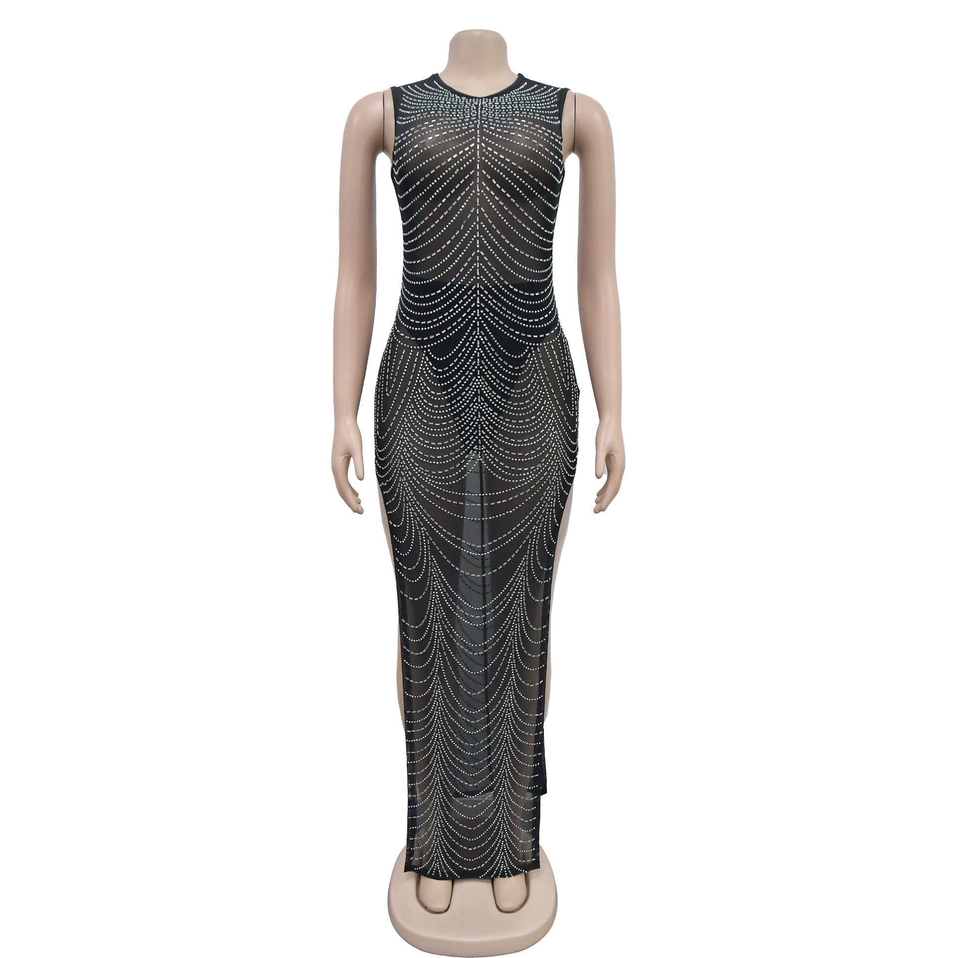 Mesh Rhinestone Sleeveless Maxi Dress REBECATHELABEL