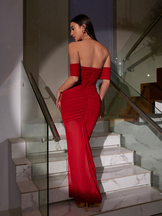 Mesh Ruched Off Shoulder Gown In Red REBECATHELABEL