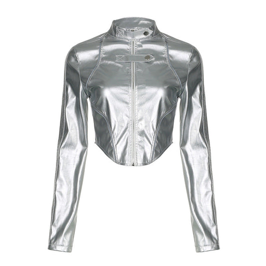 Metallic Coated Fabric Hipster Reflective Leather Jacket REBECATHELABEL