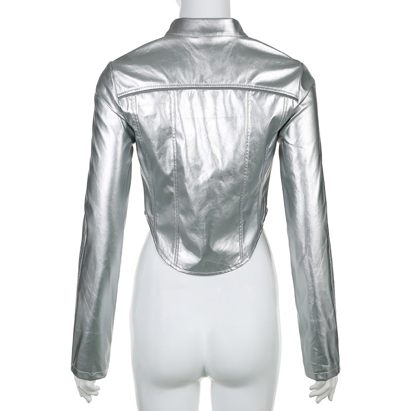 Metallic Coated Fabric Hipster Reflective Leather Jacket REBECATHELABEL