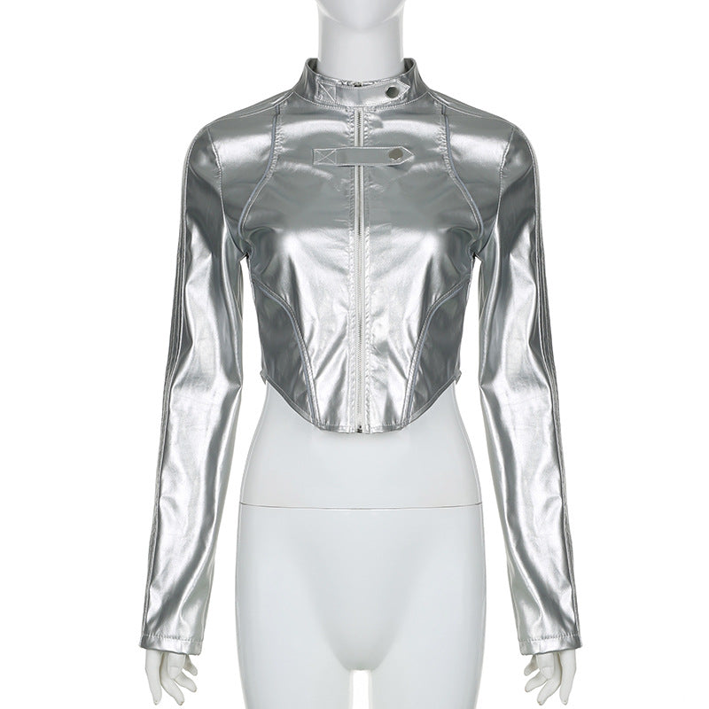 Metallic Coated Fabric Hipster Reflective Leather Jacket REBECATHELABEL