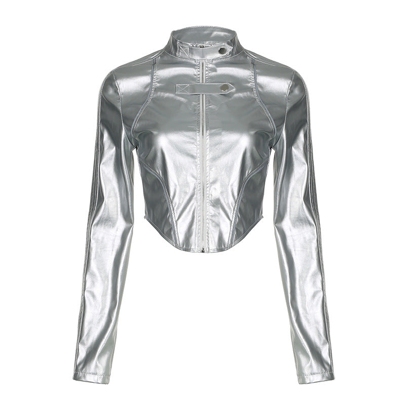 Metallic Coated Fabric Hipster Reflective Leather Jacket REBECATHELABEL