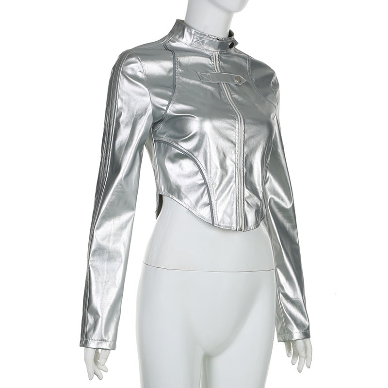 Metallic Coated Fabric Hipster Reflective Leather Jacket REBECATHELABEL