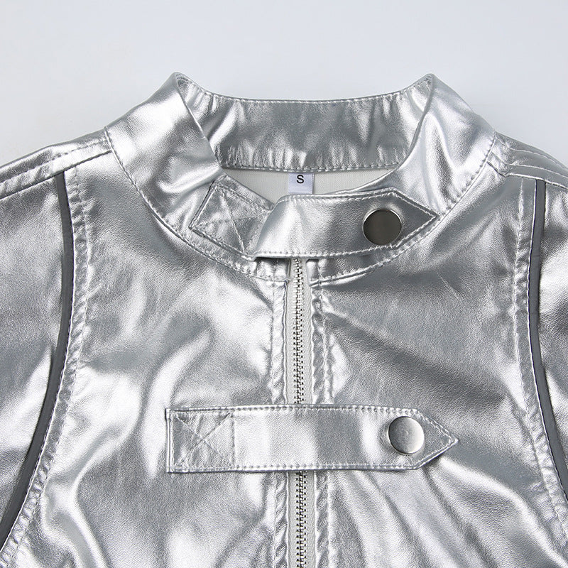 Metallic Coated Fabric Hipster Reflective Leather Jacket REBECATHELABEL