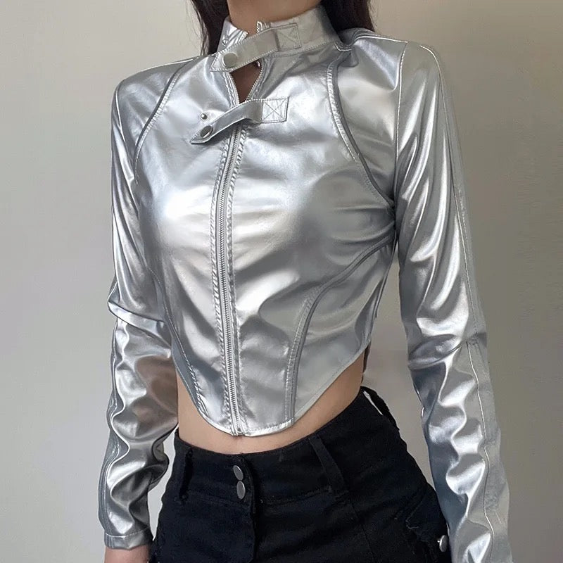 Metallic Coated Fabric Hipster Reflective Leather Jacket REBECATHELABEL