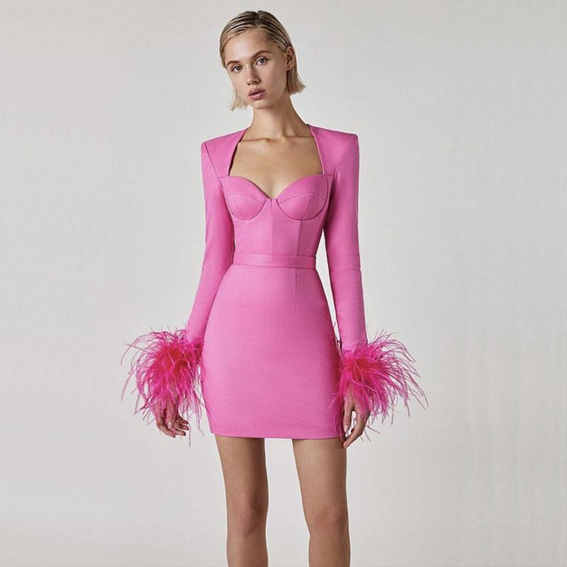 Milan Ostrich Feather Bandage One Piece Dress REBECATHELABEL