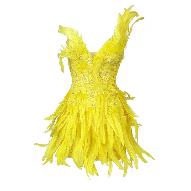 Milan Strapless Crystal Feather Mini Dress REBECATHELABEL