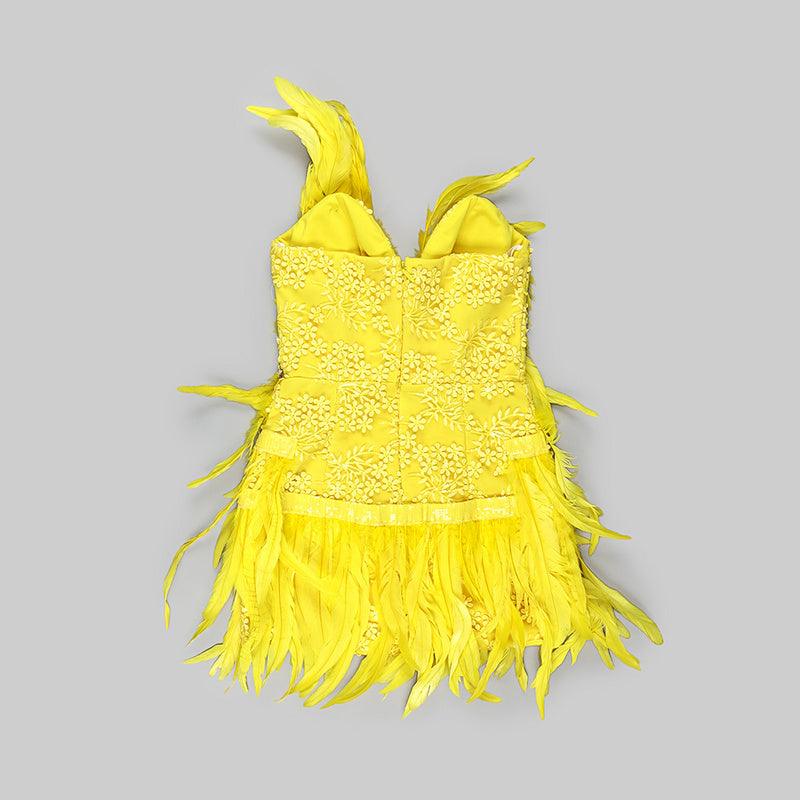 Milan Strapless Crystal Feather Mini Dress REBECATHELABEL