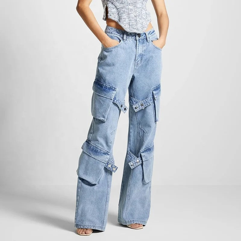 Multi Pocket Buckle Side Safari Style Straight Denim Pants REBECATHELABEL