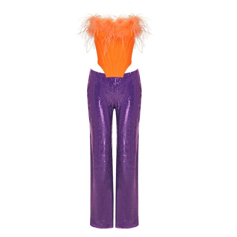 Naked Top and Purple Sequin Pants feather Set REBECATHELABEL