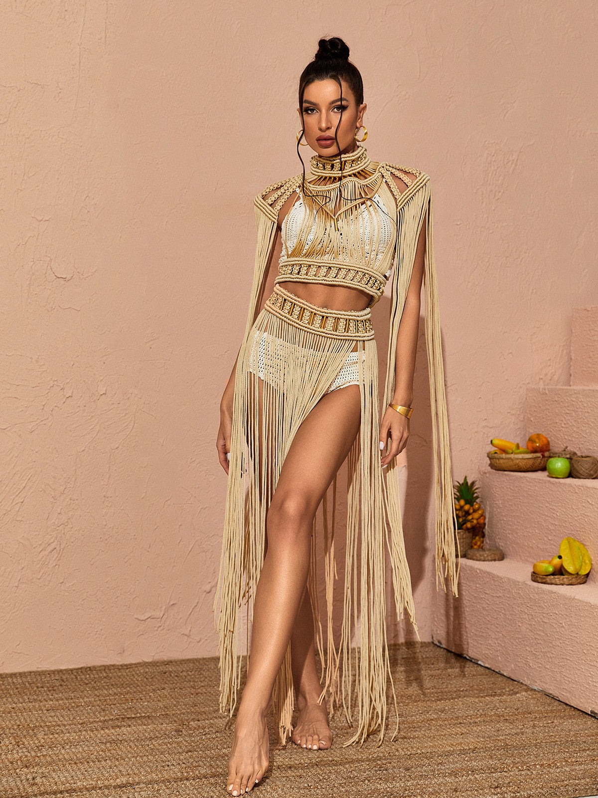 Nana Woven Fringe Set In Beige REBECATHELABEL