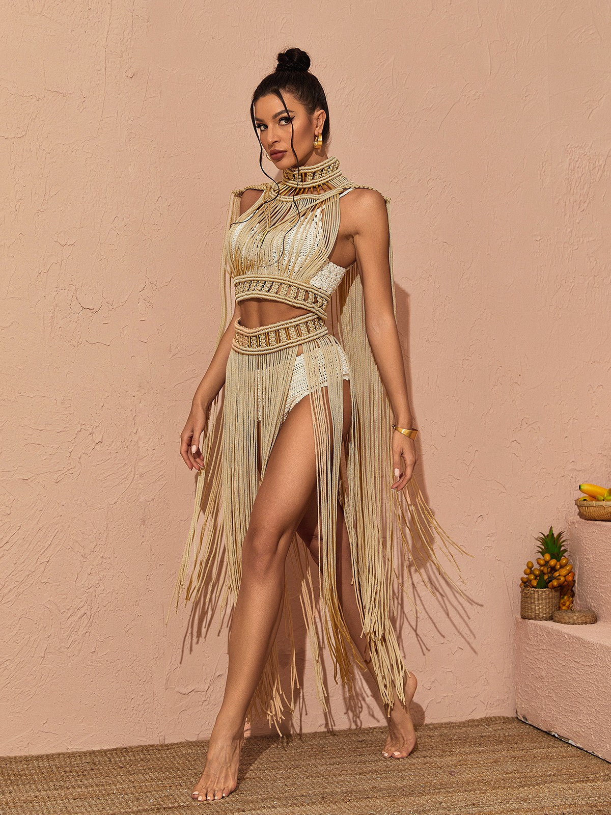 Nana Woven Fringe Set In Beige REBECATHELABEL