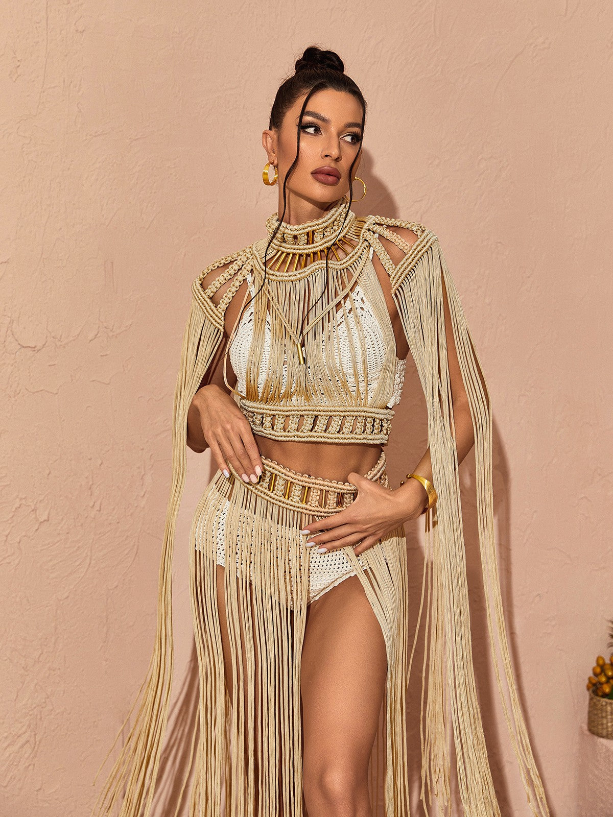 Nana Woven Fringe Set In Beige REBECATHELABEL