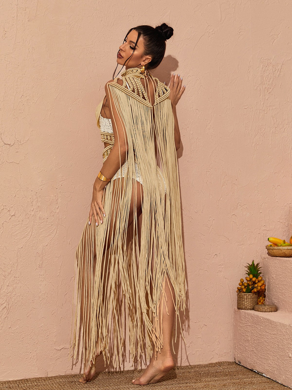 Nana Woven Fringe Set In Beige REBECATHELABEL