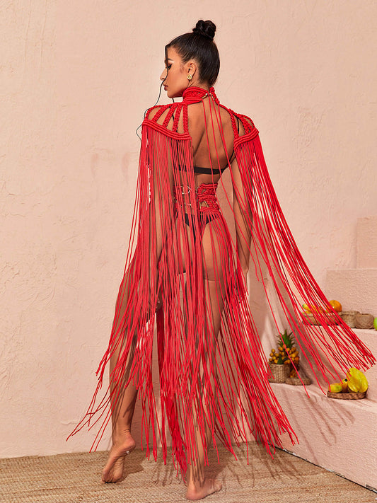 Nana Woven Fringe Set In Red REBECATHELABEL