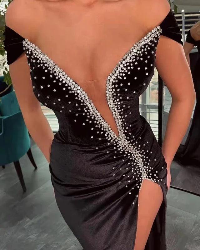 Neckline Heart Rhinestone High Slit Elegant dress REBECATHELABEL