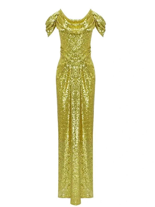 Neshel Off Shoulder Gold Sequin Maxi Dress REBECATHELABEL