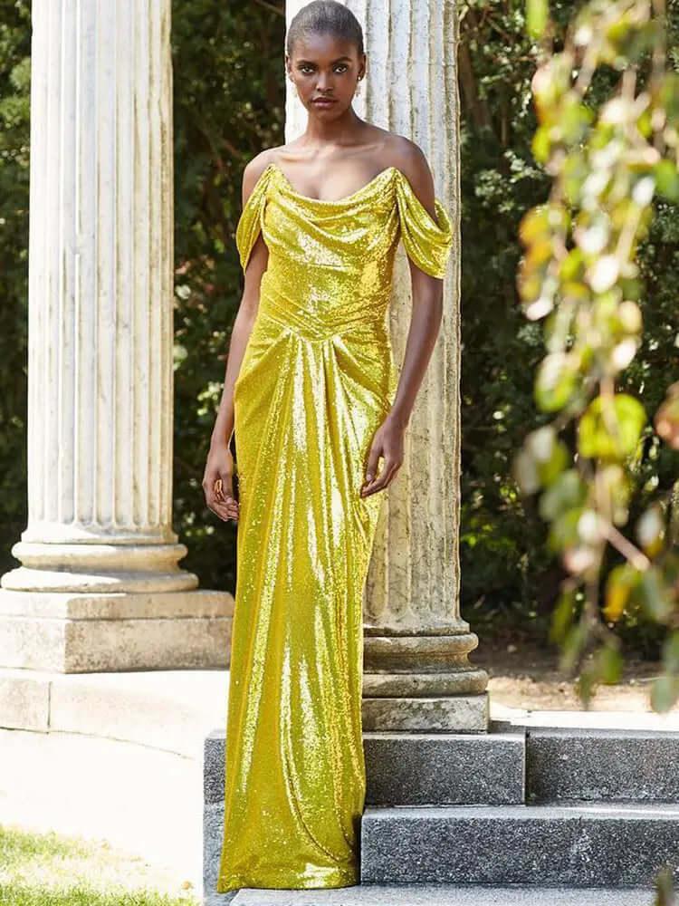 Neshel Off Shoulder Gold Sequin Maxi Dress REBECATHELABEL