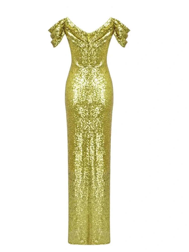 Neshel Off Shoulder Gold Sequin Maxi Dress REBECATHELABEL