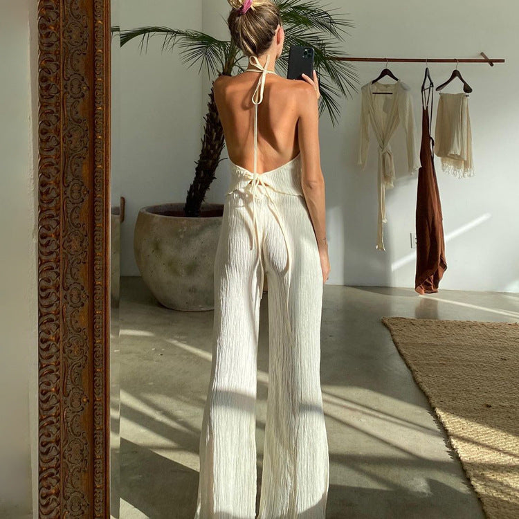 New Sexy Backless Spaghetti Straps Vest Beige Pleated Set REBECATHELABEL