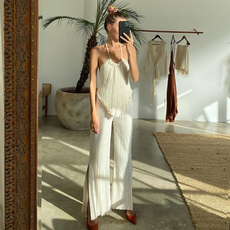 New Sexy Backless Spaghetti Straps Vest Beige Pleated Set REBECATHELABEL