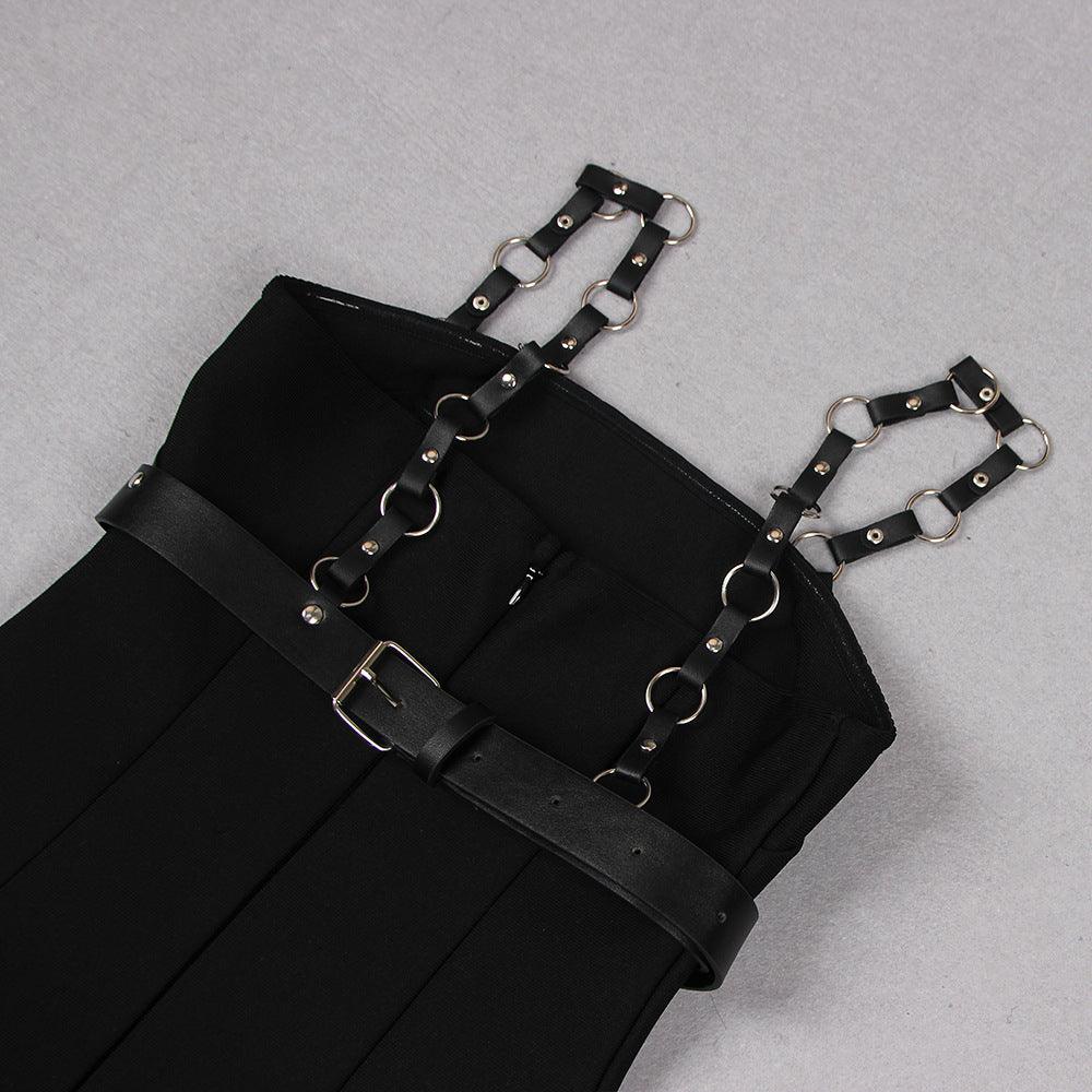Niche Belt Strap Chain Split Bandage Dress REBECATHELABEL