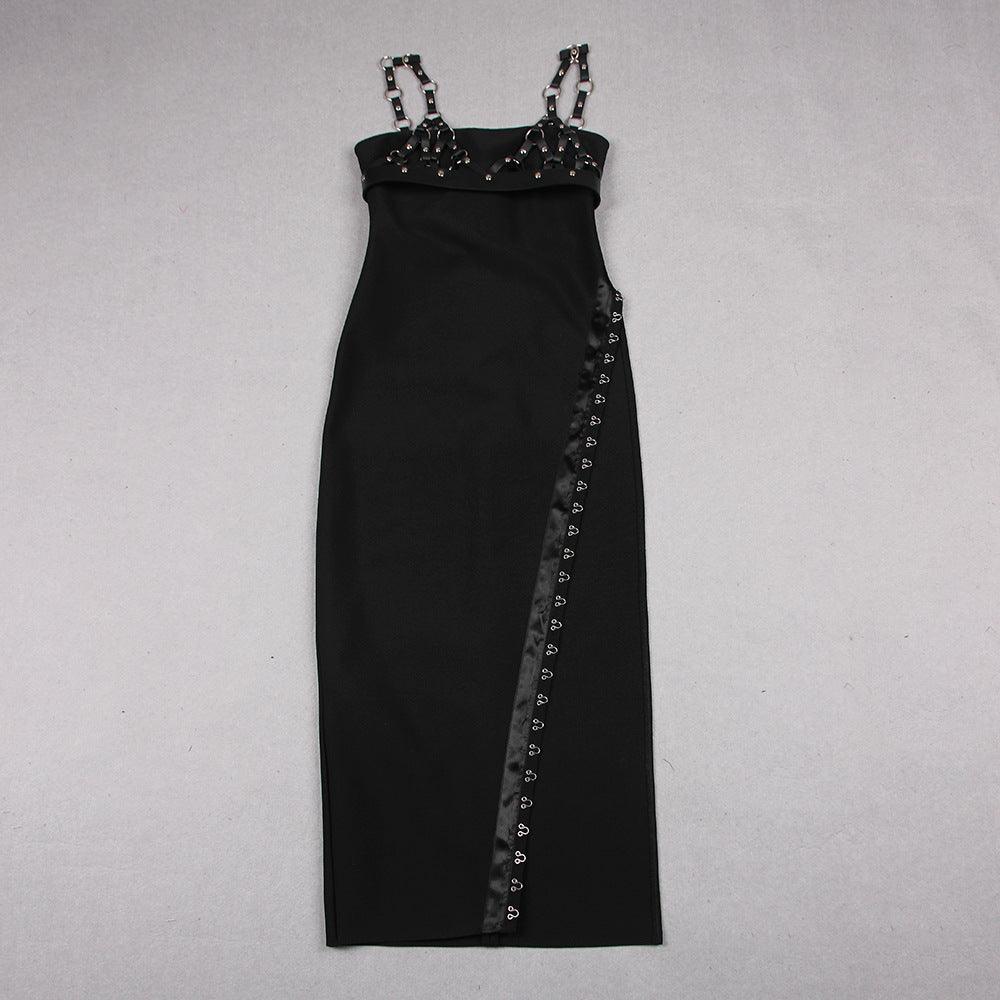 Niche Belt Strap Chain Split Bandage Dress REBECATHELABEL